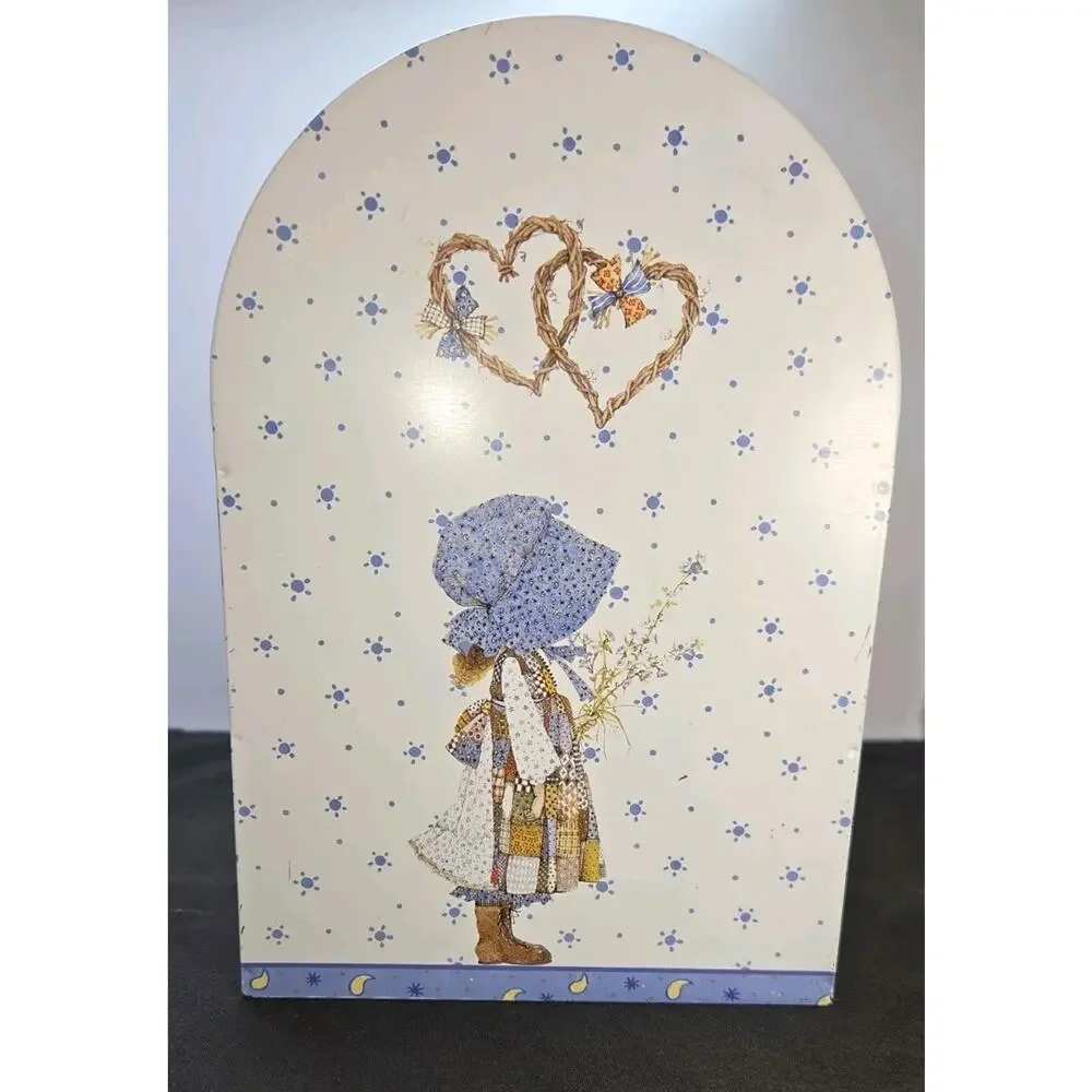 Vintage Holly Hobbie Metal Tin Storage Caddy Totes Wooden Handle 1970s Organizer